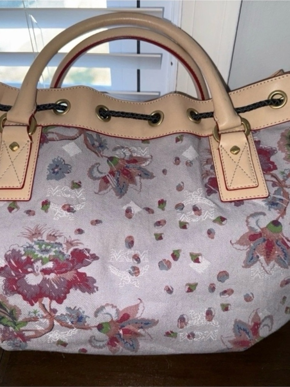 MCM LIMITED EDITION Floral Canvas Drawstring Tote with Tan Leather Trim - Picture 2 of 11